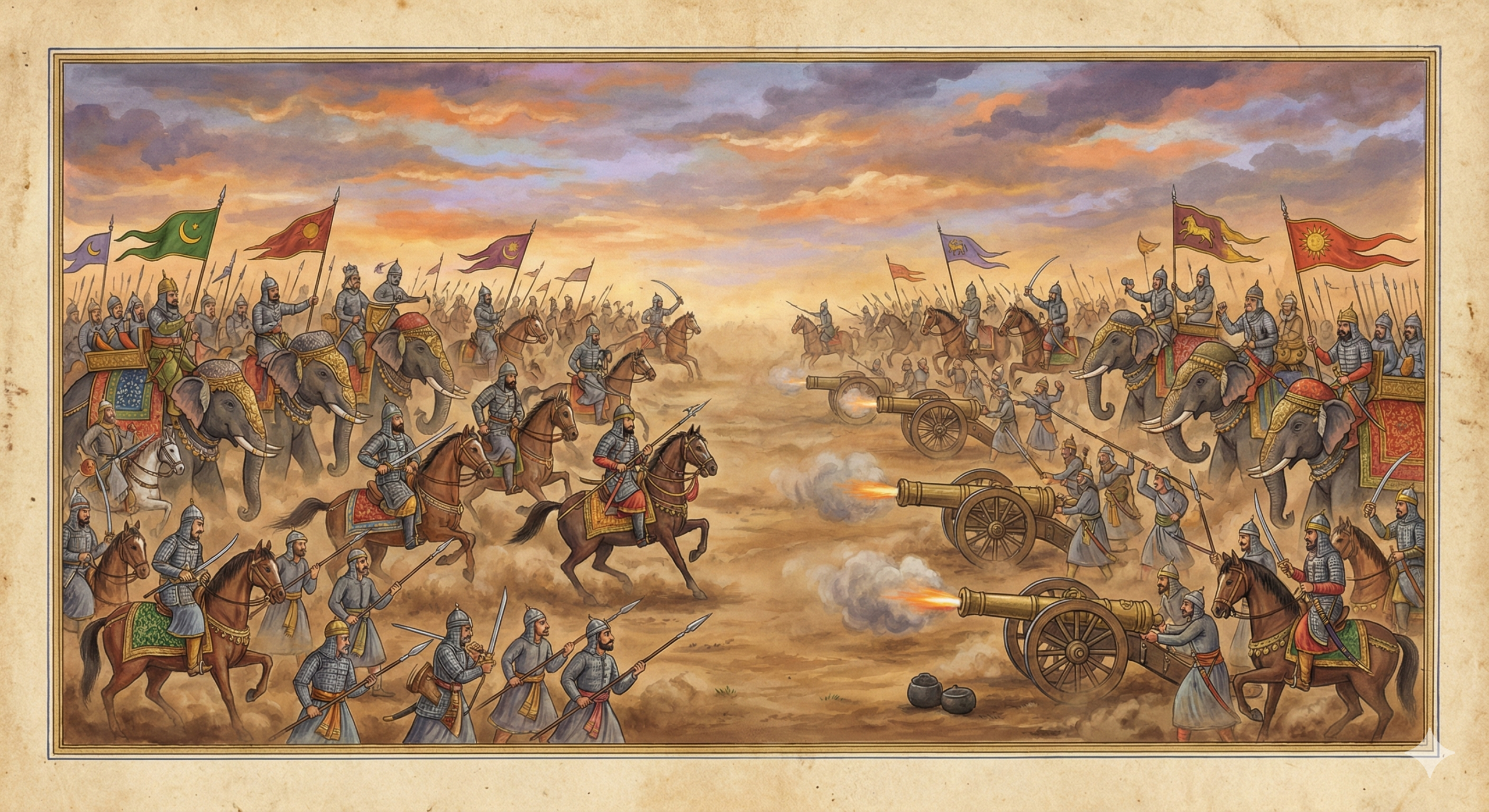 Battle of Panipat historical painting showing medieval Indian warfare