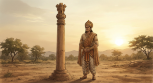 Emperor-Ashoka-standing-beside-an-Ashoka-Pillar-scaled