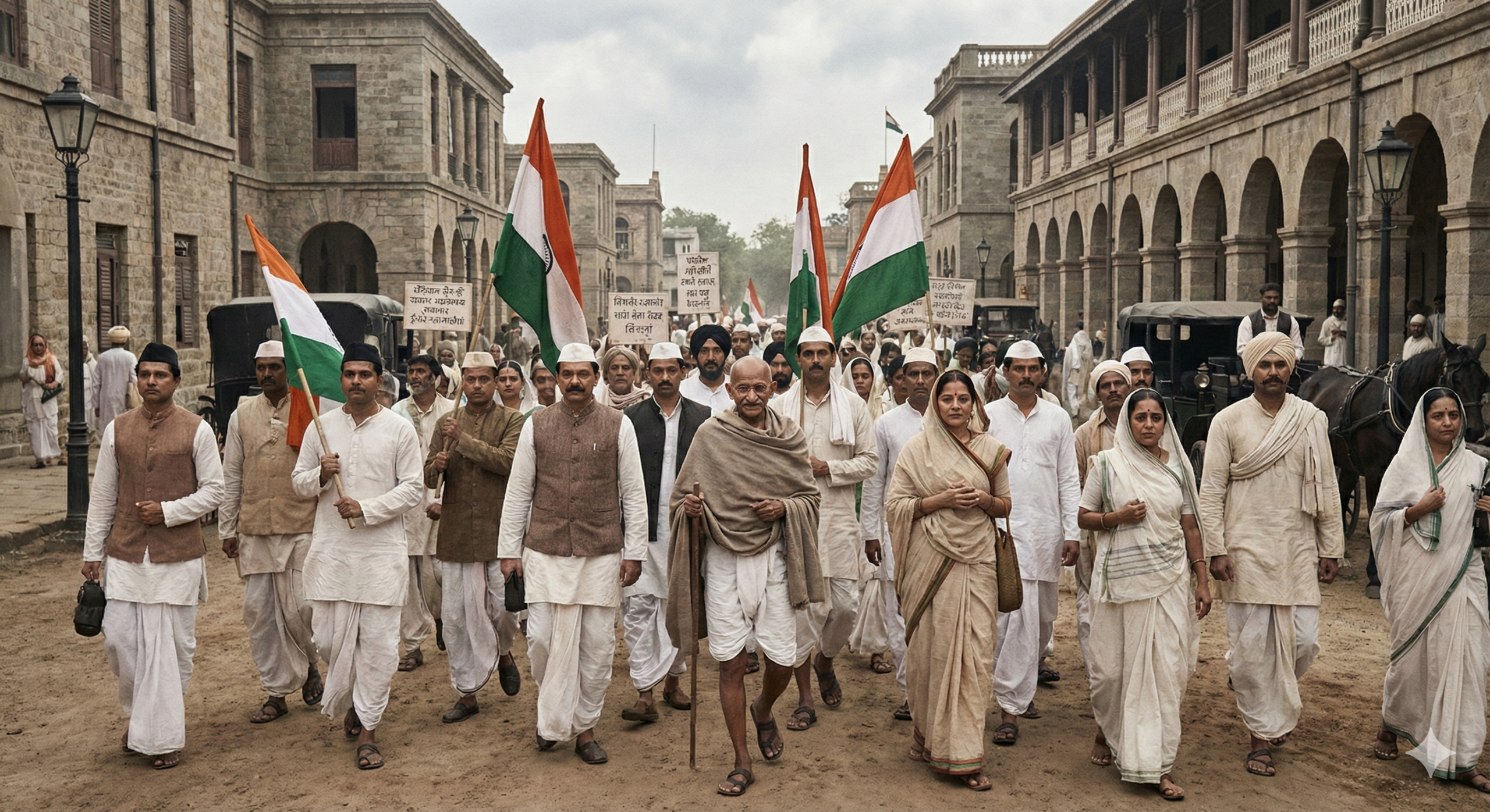Indian Freedom Struggle showing mass movements, protests and nationalist leaders