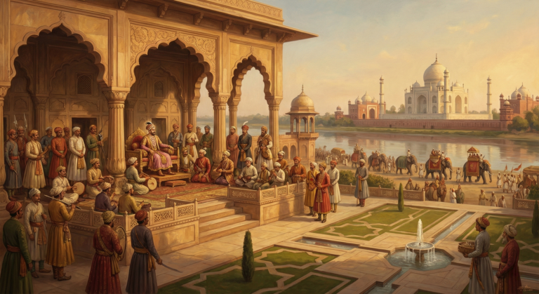 Mughal-Empire-showing-the-Taj-Mahal-royal-court-Mughal-emperors-Persian-style-architecture-scaled
