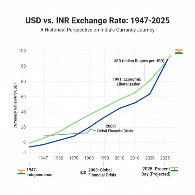 USD to INR exchange rate trend from 1947 to 2025