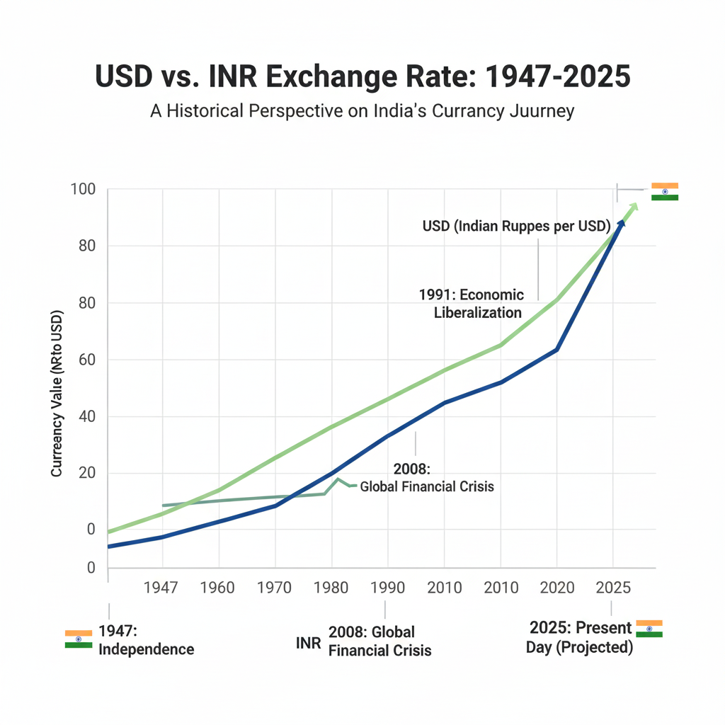 USD to INR exchange rate trend from 1947 to 2025