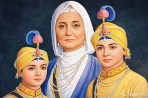 Mata Gujri with Sahibzada Zorawar Singh and Sahibzada Fateh Singh on Veer Bal Diwas 26 December