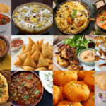 North Indian food platter with curry, naan, rice and traditional dishes