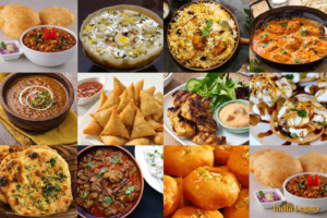 North Indian food platter with curry, naan, rice and traditional dishes