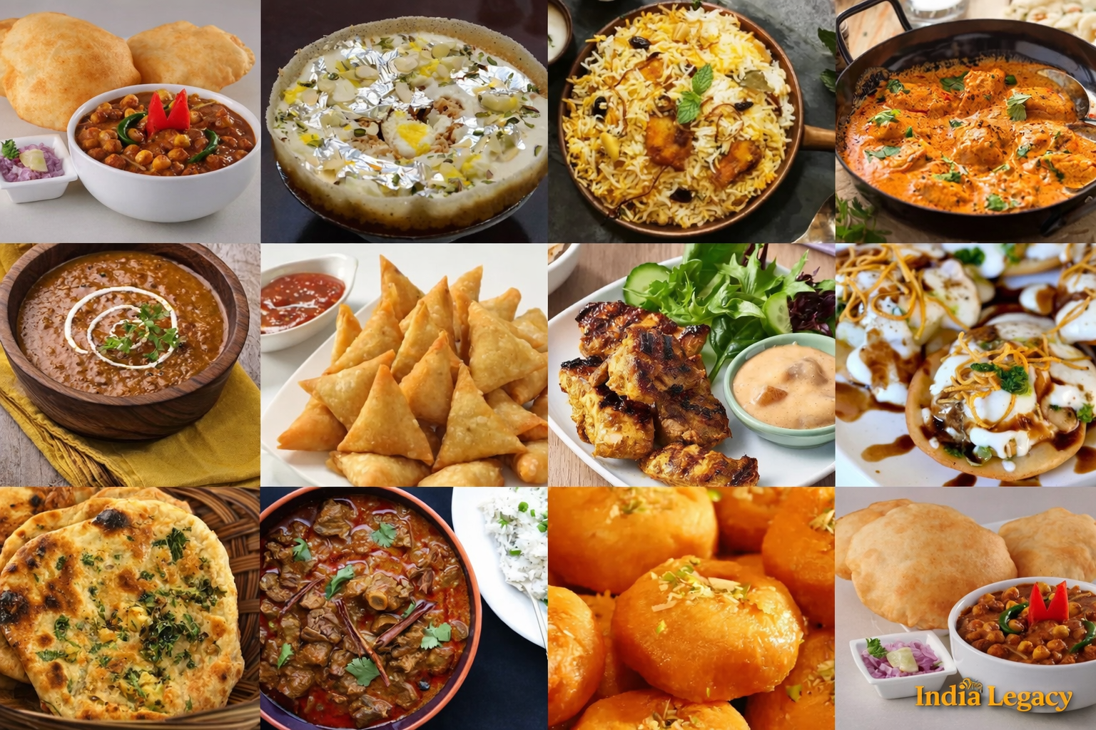 North Indian food platter with curry, naan, rice and traditional dishes