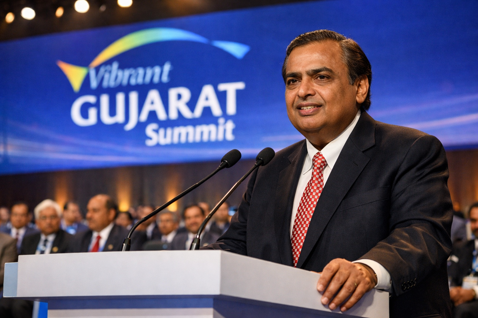 Mukesh Ambani speaking at Vibrant Gujarat Summit while announcing major investment plans