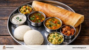 Traditional South Indian food platter with dosa idli sambar
