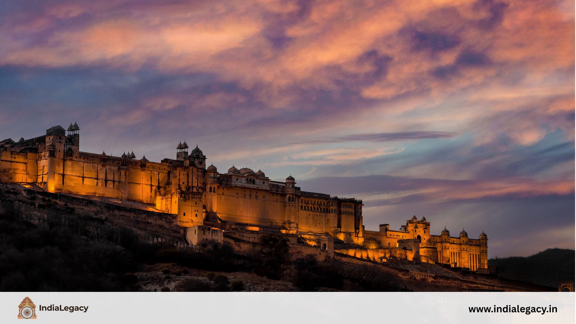 Amer Fort Jaipur battlements and walls at golden hour sunset — Rajasthan India inidalegacy